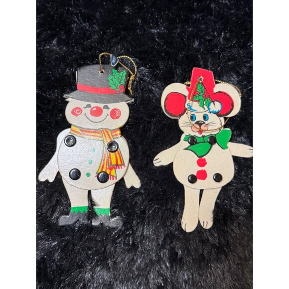 Vintage Snowman & Mouse Christmas Ornaments Japan Cardboard Jointed Moveable - Picture 1 of 6